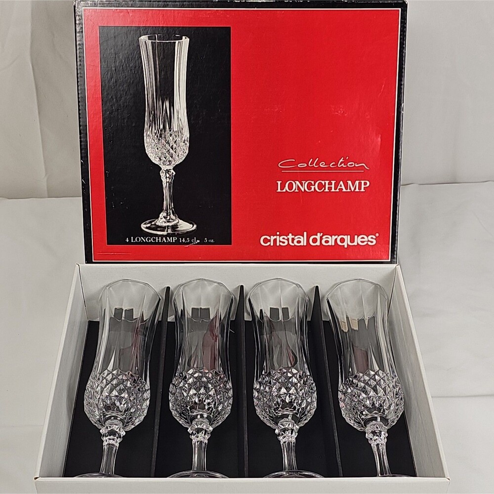 Vintage Cristal d’Arques Longchamp Champagne Flutes Set of 4 Lead Crystal Boxed